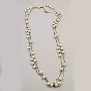 Vintage Faux Pearl and Silver Tone 60 Inch Chain Necklace w/ Lobster Claw Clasp